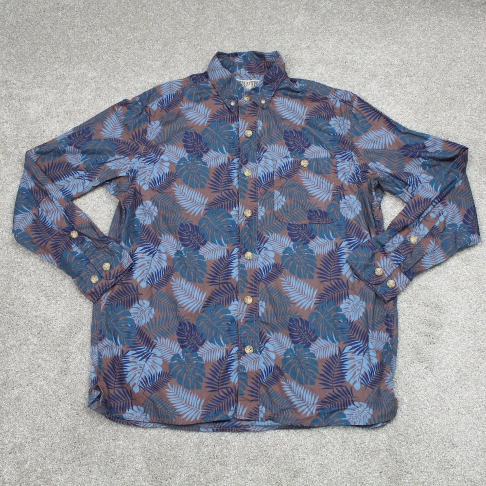 Duluth Trading BBQ Shirt Mens Medium Gray/Blue Floral AOP Relaxed Fit L/S Button